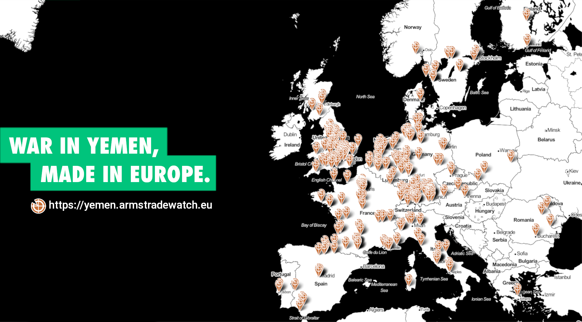 Kaartje van europa waarop alle wapenleveranciers aan de oorlog in Jemen een locatie-pin krijgen