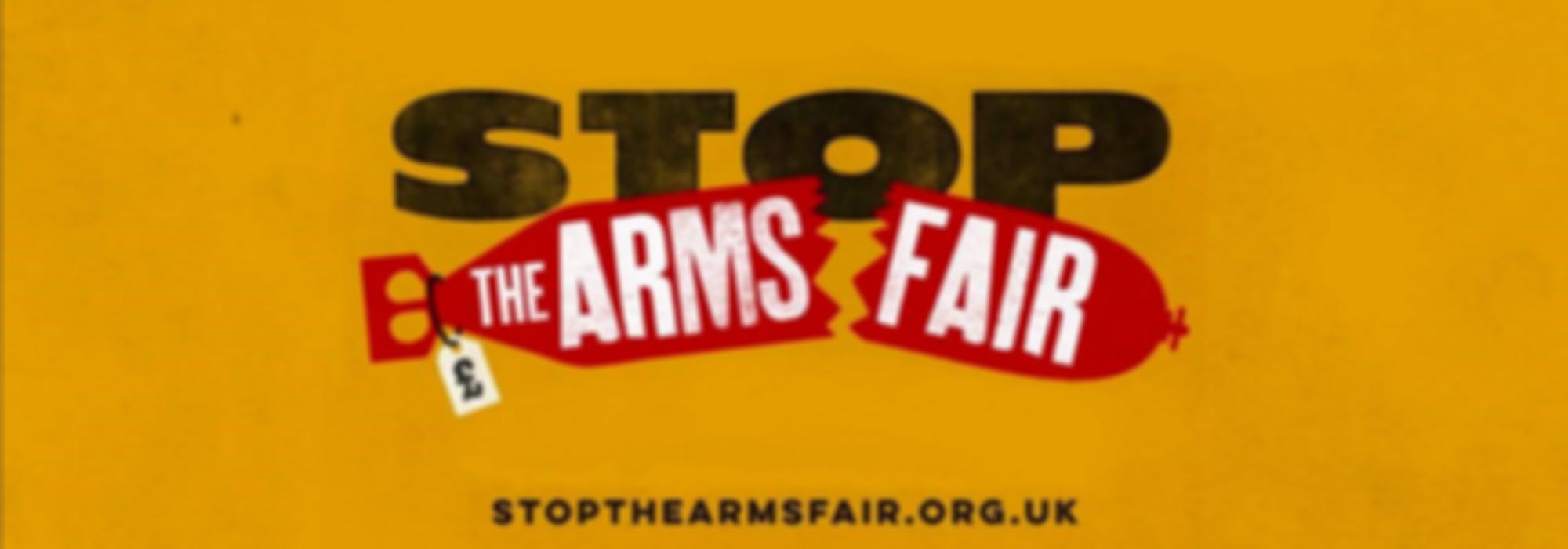 Het logo van de 'Stop the arms fair' campagne.