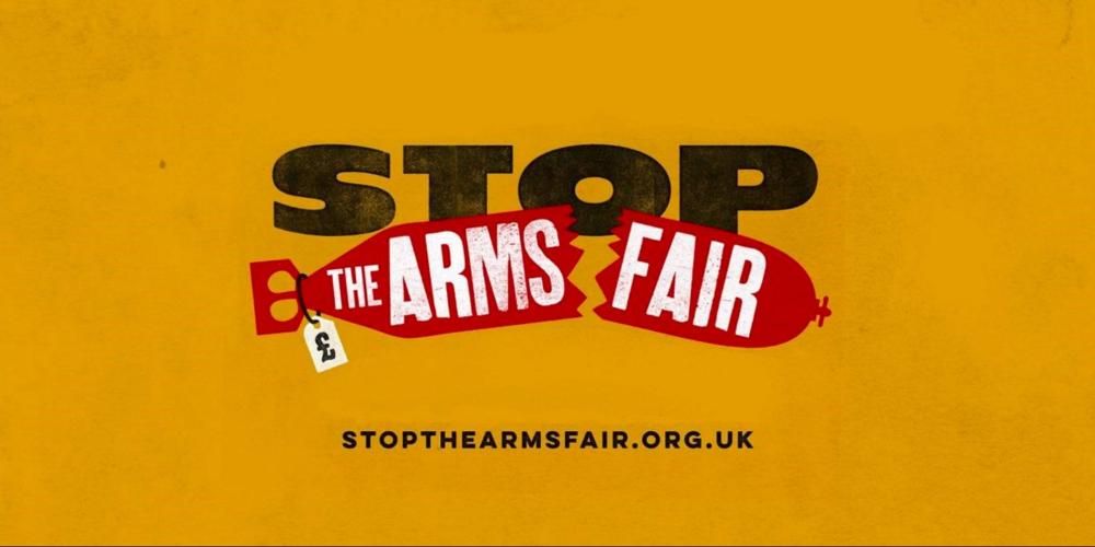 Het logo van de 'Stop the arms fair' campagne.