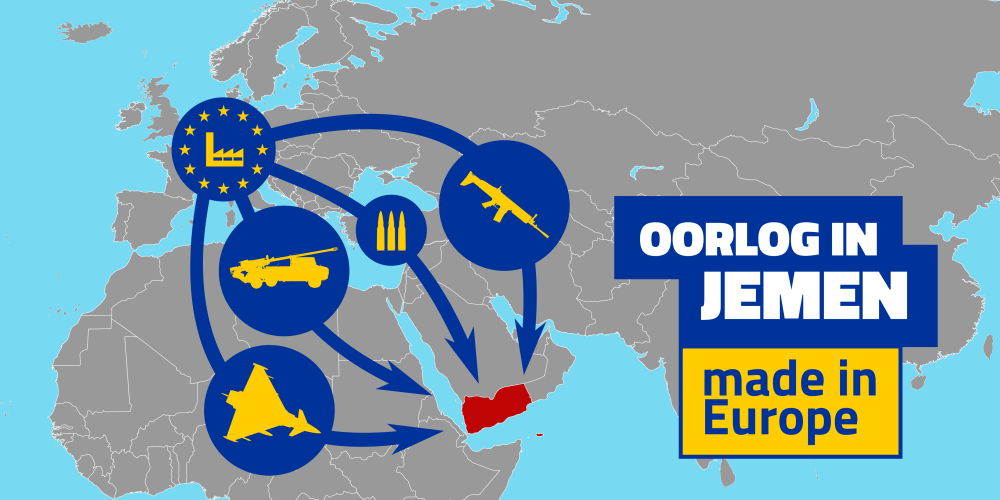 oorlog in Jemen, gemaakt in Europa, met europese landkaart en de verschillende wapens die in Europa geproduceerd worden die richting Jemen gaan. 